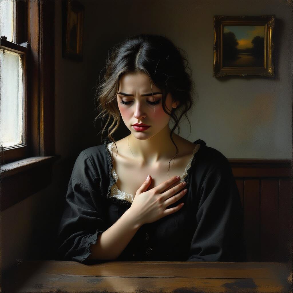 Melancholic Woman in Dim Light, Resilient Spirit