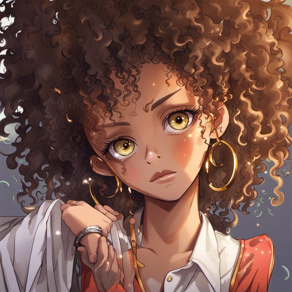 Anime Demon Girl with Afro and Yellow Eyes