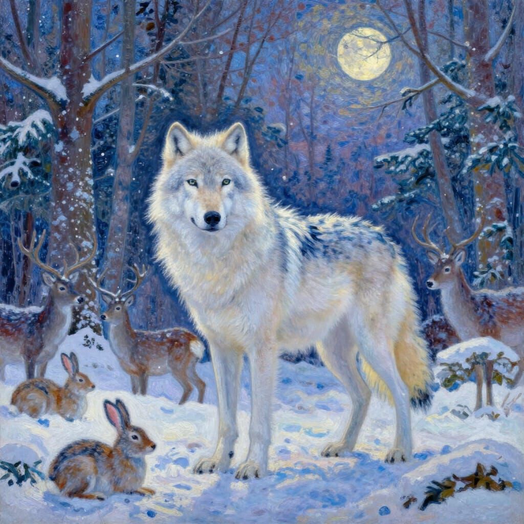White Wolf in Snowy Forest with Animals, Neo-Impressionist S...