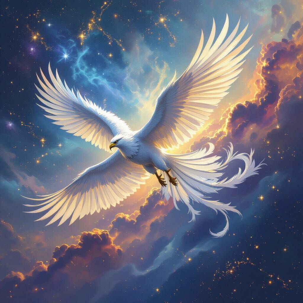 Griffin Soaring Through Nebula, Detailed Digital Art