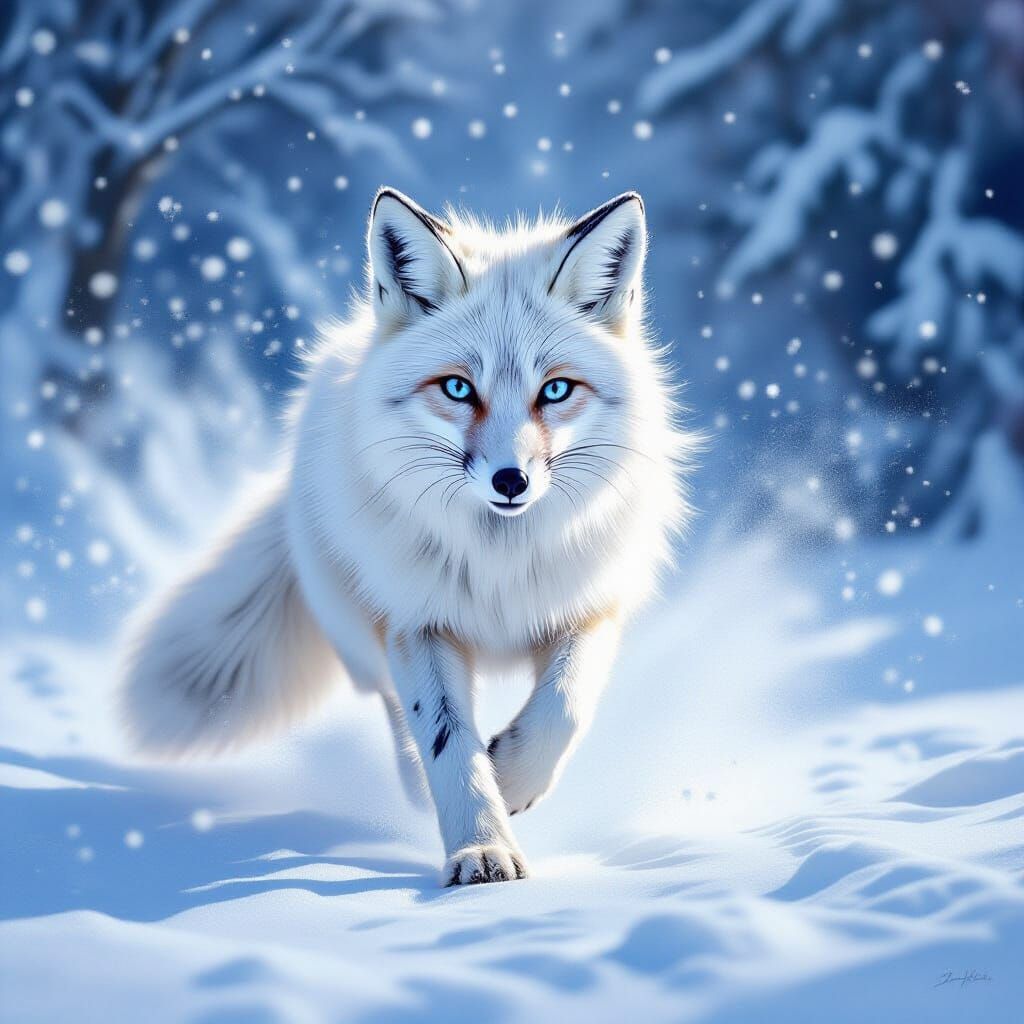 White Fox Running in Snowstorm, Oil Pastel Style