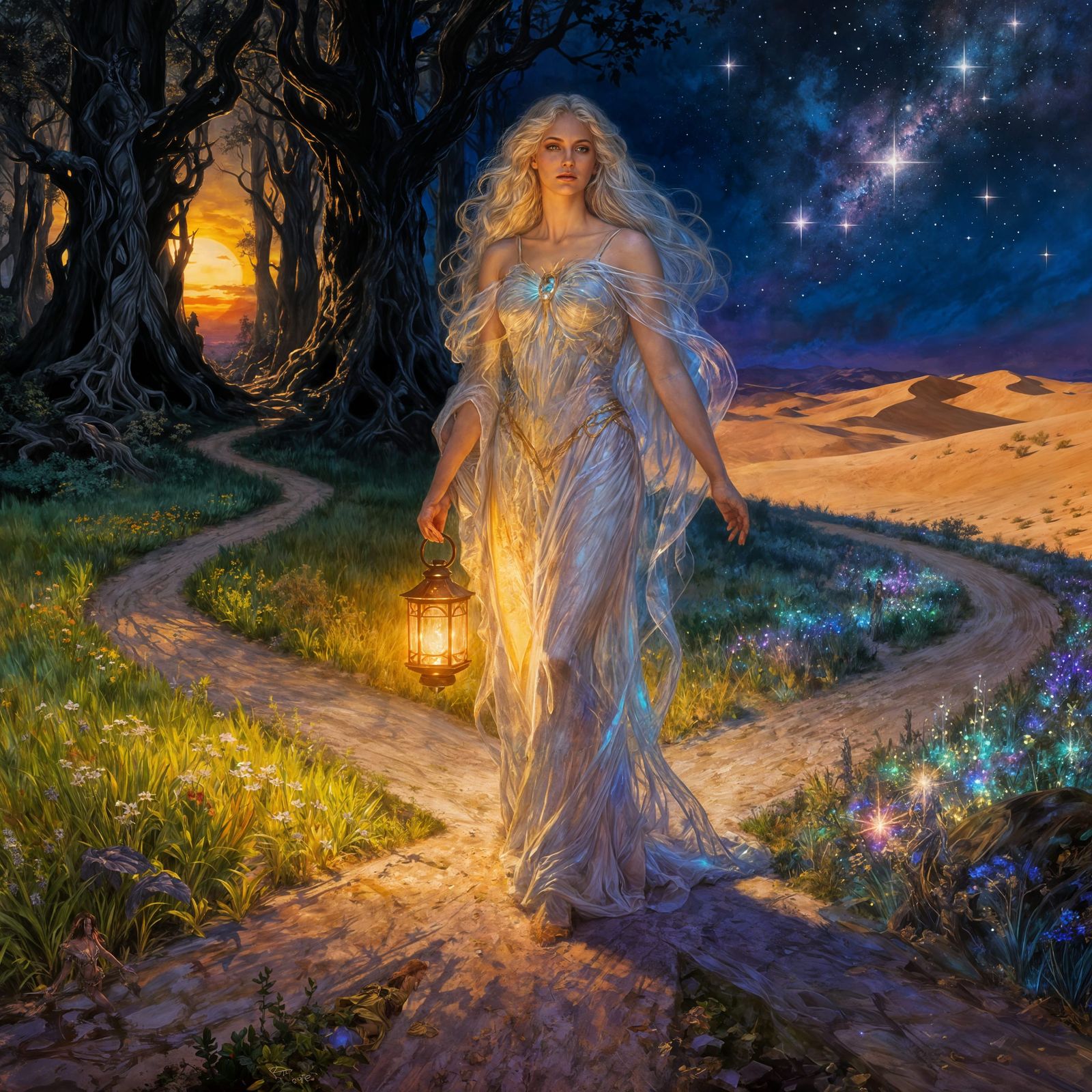 Ethereal Goddess at Mystical Crossroads With Lantern