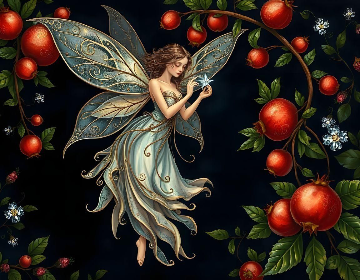 Fairy Holding Teacup with Pomegranate Design