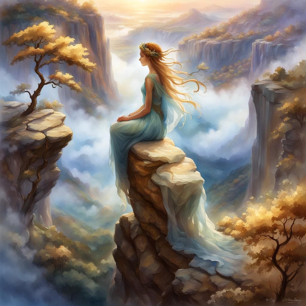 Ethereal Nymph Overlooks Dreamscape in Watercolor Style