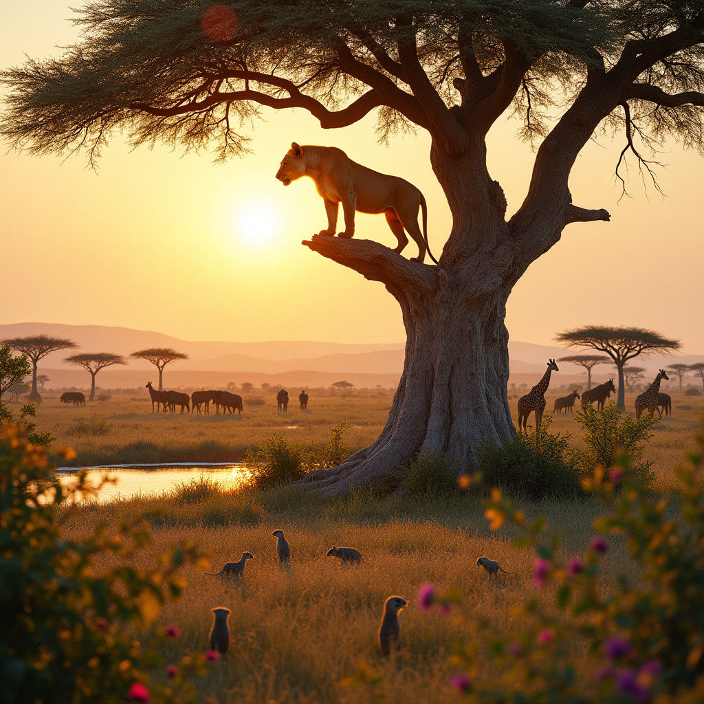 Lioness on Baobab Tree: Cinematic Savannah Sunset