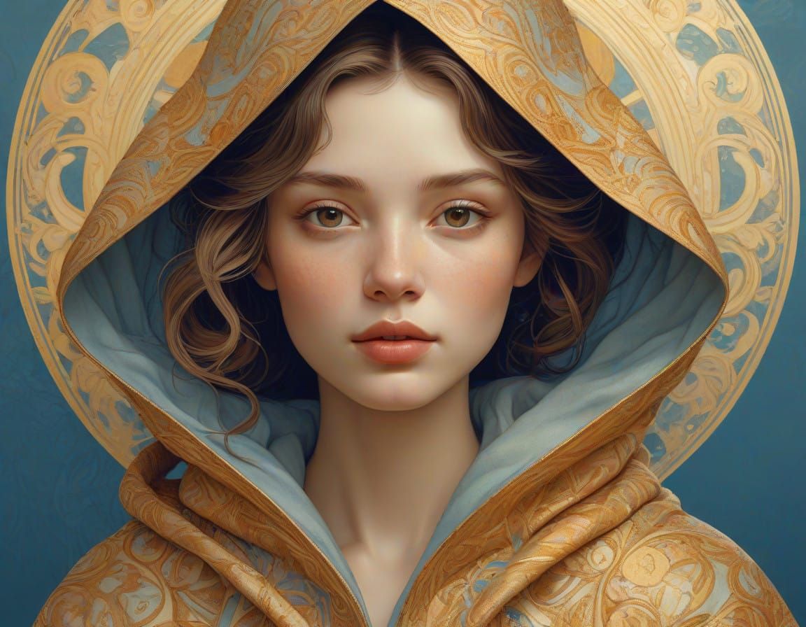 Ethereal Young Woman in Art Nouveau-Inspired Portrait with G...