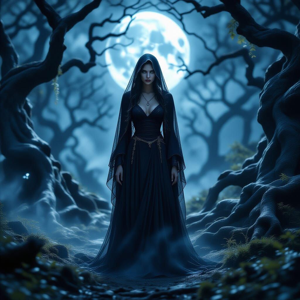 Mystical Veiled Woman in Moonlit Glade