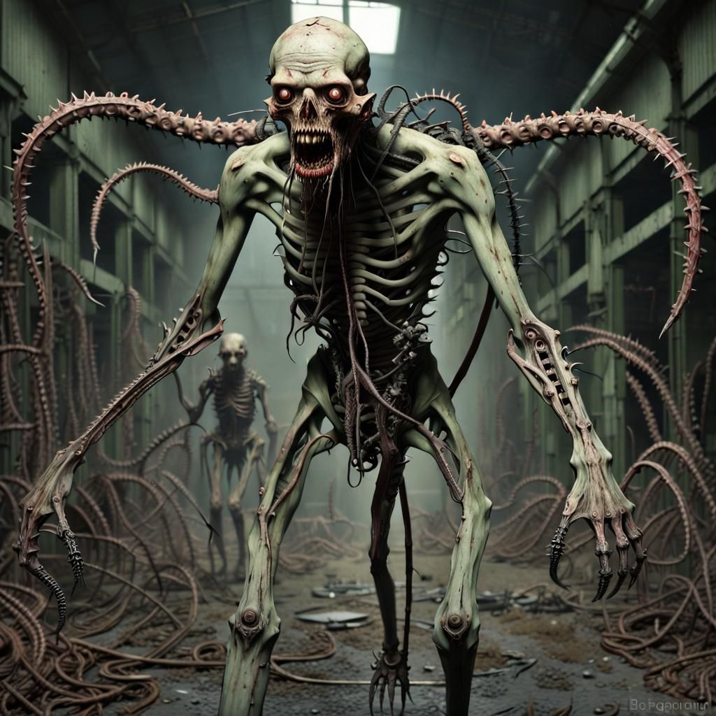Nightmarish Biomechanical Undead in Derelict Factory
