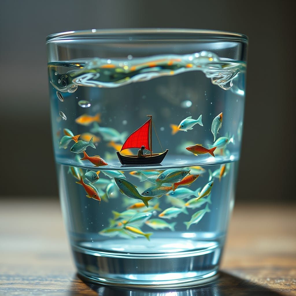Surreal Scene of Miniature Sailors Among Vibrant Fish in Cry...