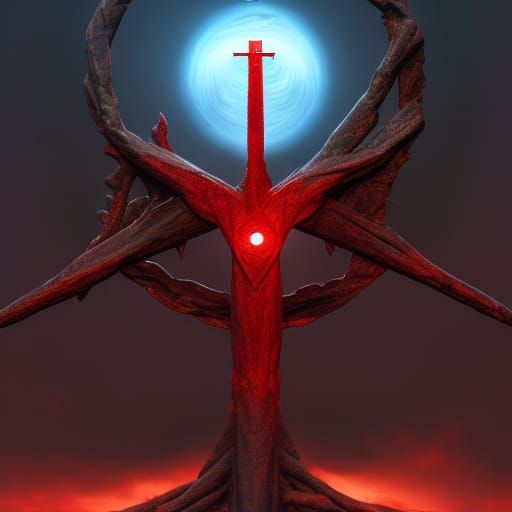 Dark Fantasy Red Crow Forged Tree Encastred Mountains