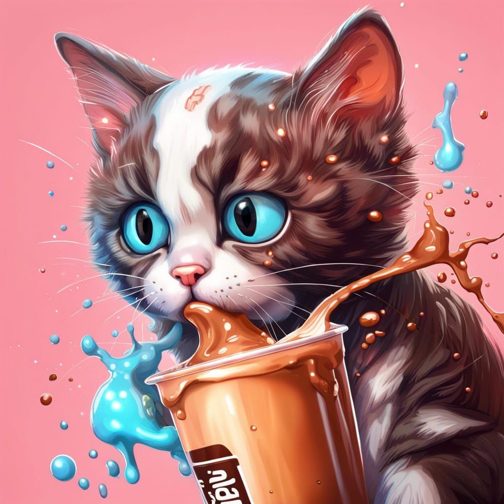 Hyperrealistic Robot Cat Drinks Chocolate Milk