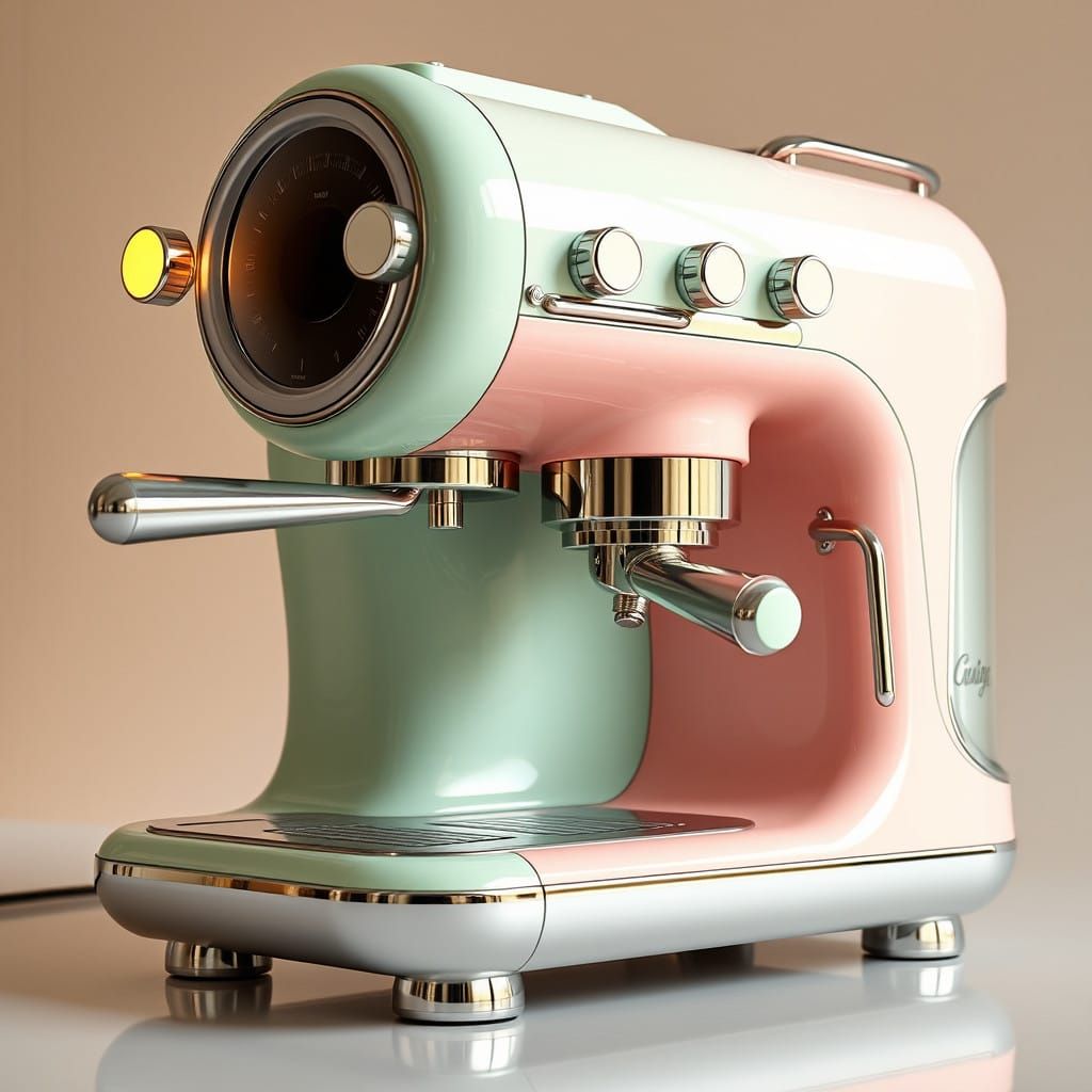 Retro-Futuristic Coffee Machine with Soft, Rounded Edges and...