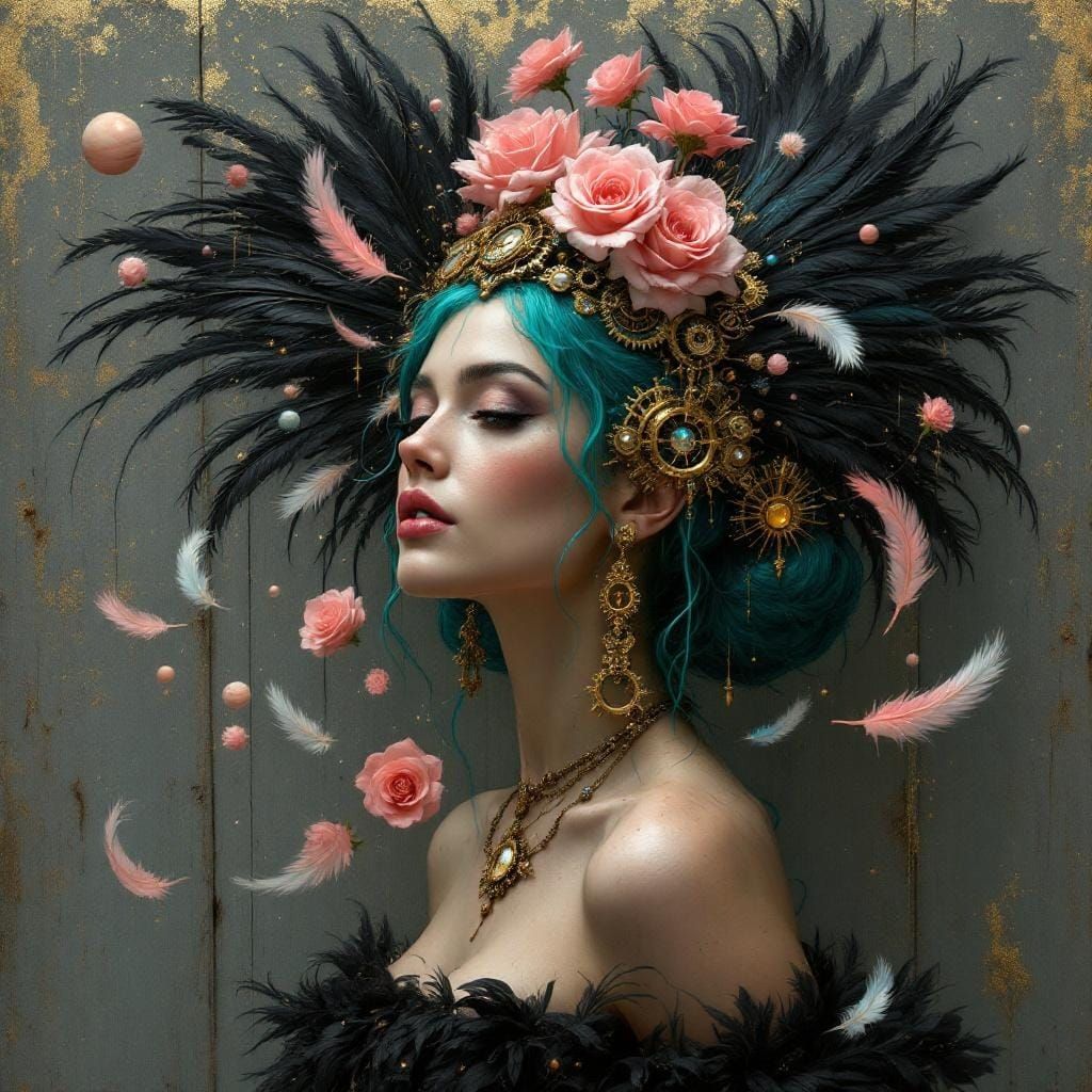 Regal Woman with Feathers and Clockwork in Rain