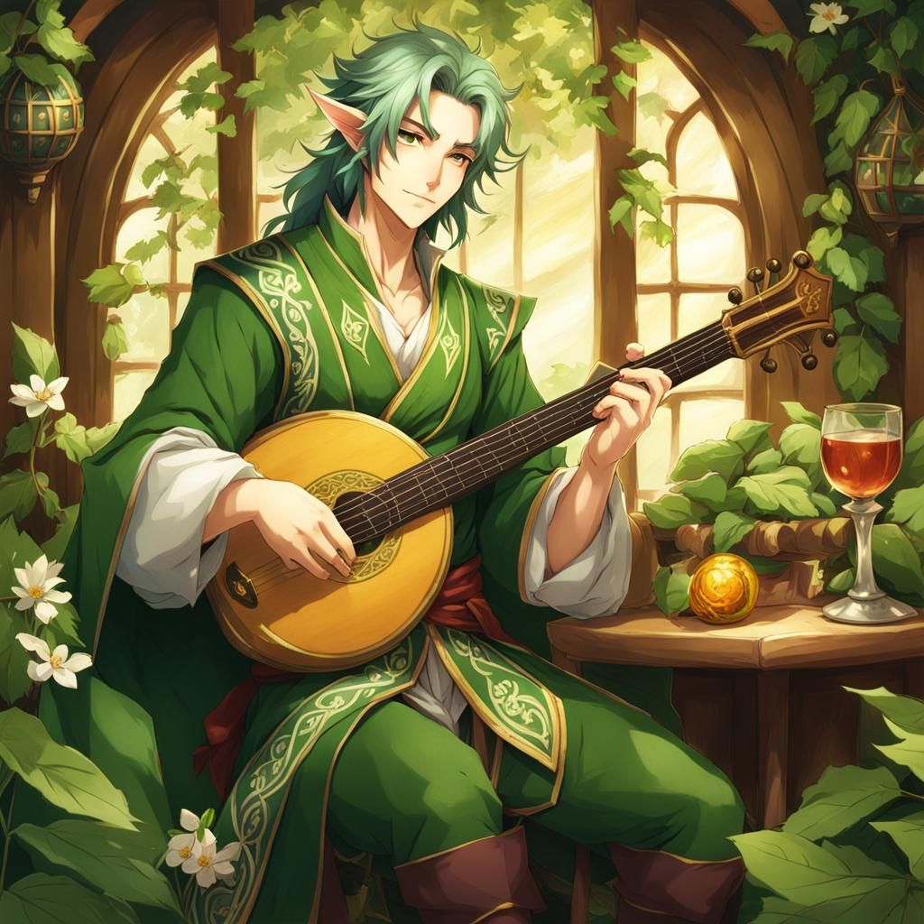 Handsome Spring Eladrin Bard in Anime Style