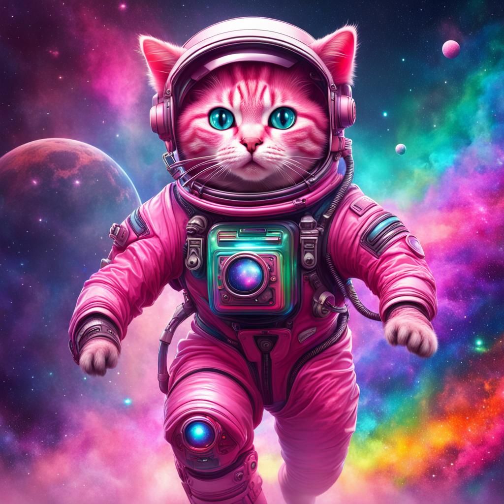 Cyberpunk Pink Robot Cat Flies in Galaxy