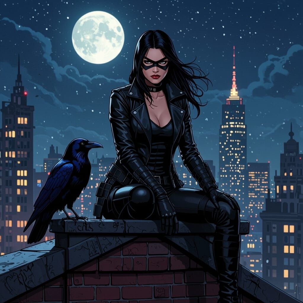 Huntress and Raven on Gotham Rooftop in Noir Comic Style