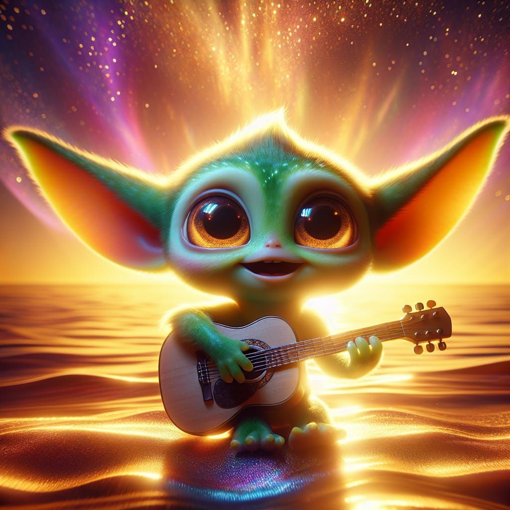 Grogu Plays Guitar at Sunset