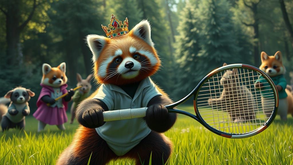 Red Panda Mid-Serve on Emerald Court in Comic Style