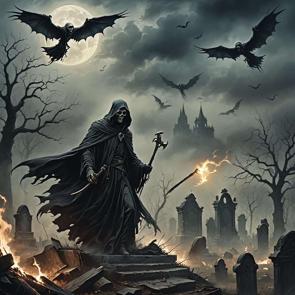 Dementors and Grim Reaper in Graveyard, Dark Fantasy