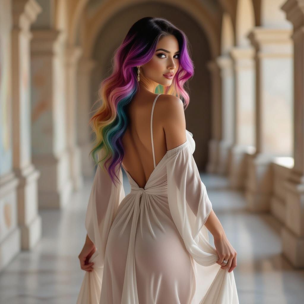 Photorealistic Woman with Rainbow Hair Walks Away