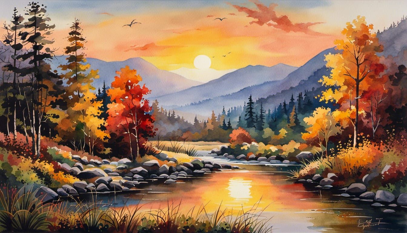 "Spectacular masterpiece amazing and intricate nature watercolor sunrise landscape with perfect composition" -1-60