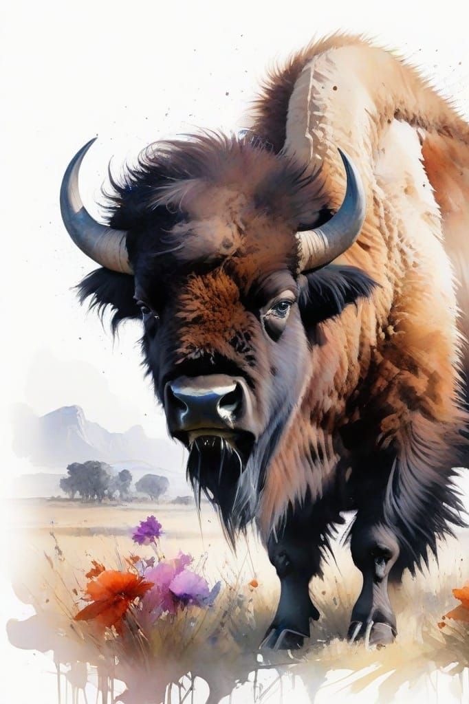 Bison in a Pristine Prairie Landscape in Watercolor
