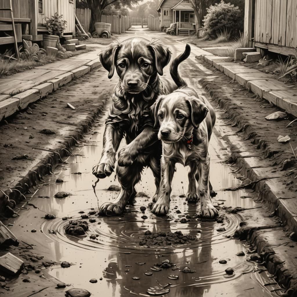 Puppies playing  in a mud puddles in the old country drivewa...