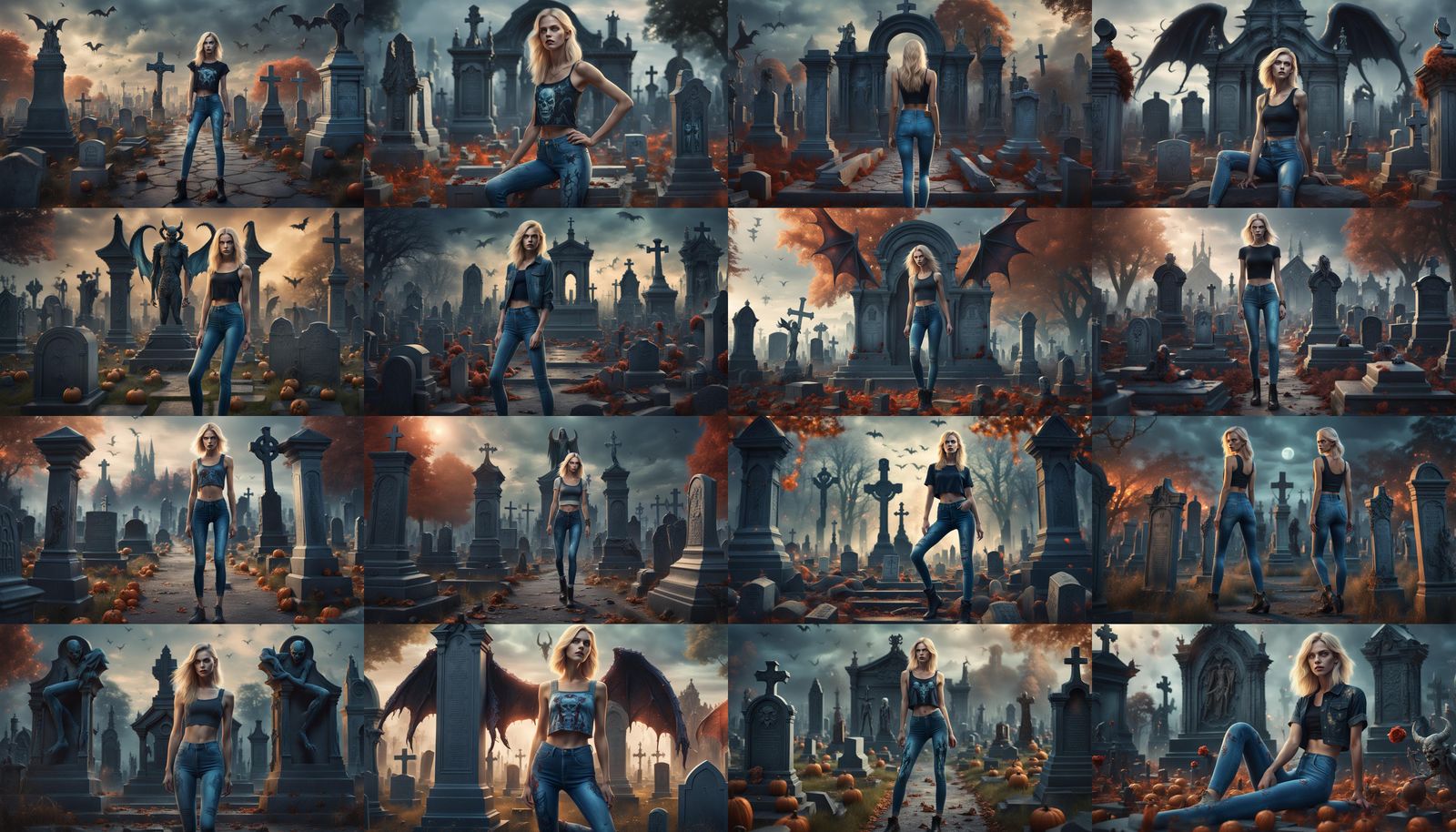 Blonde in Cemetery with Demons, Detailed Matte Painting