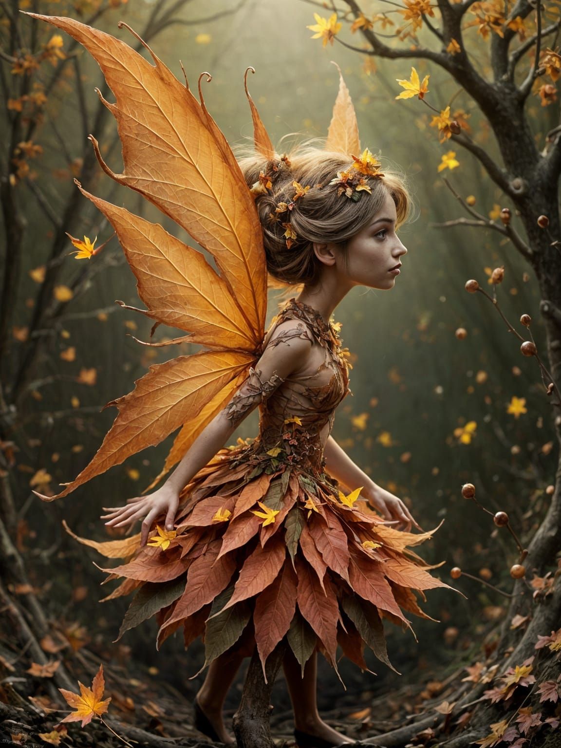Fall Fairy of Leaves in Soft Diffused Light