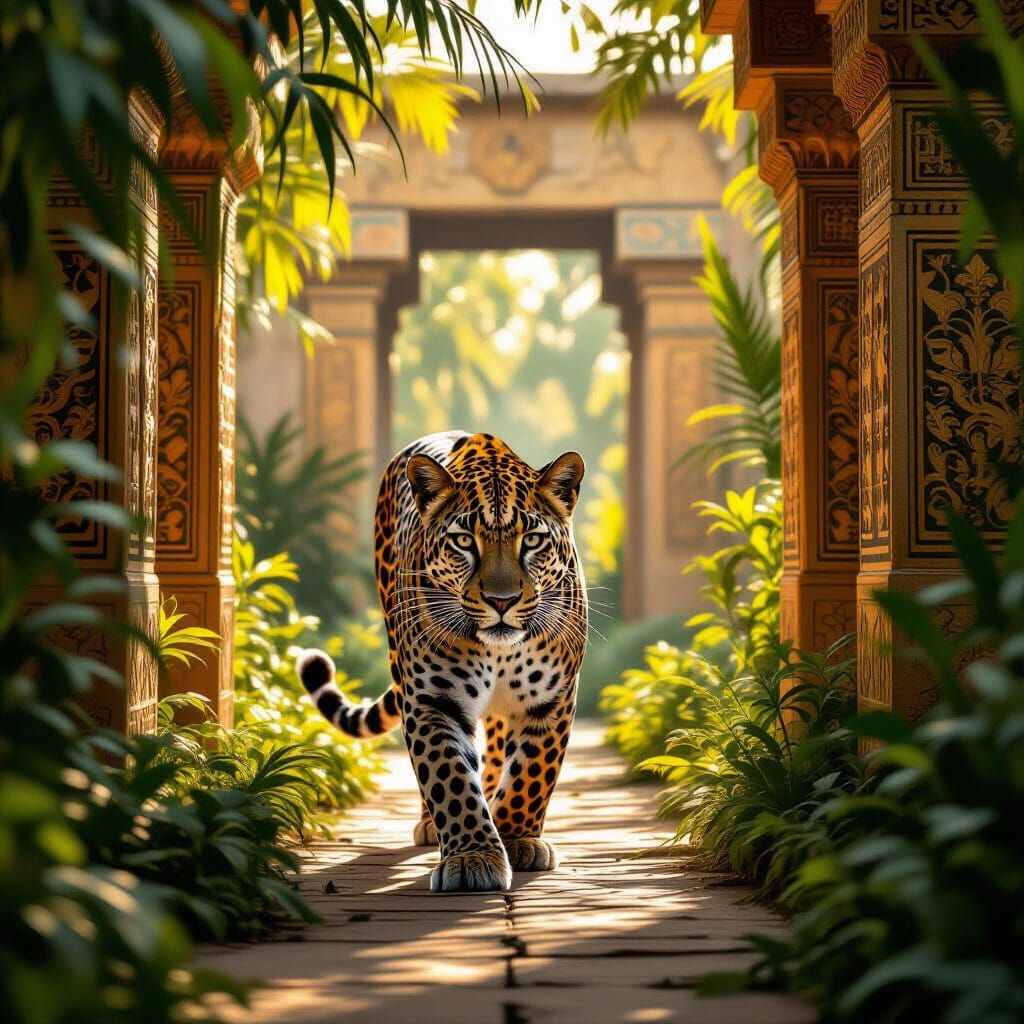 Leopard with Mesopotamian Patterns in Overgrown Temple Garde...