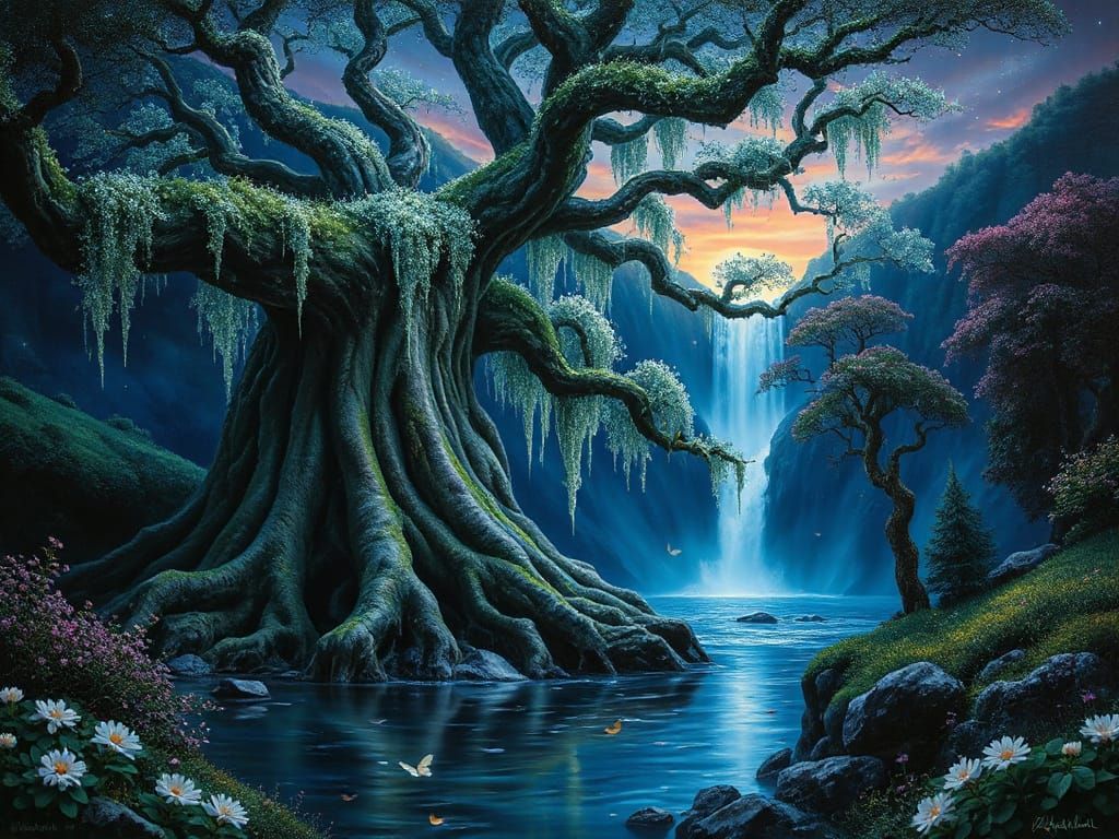 Ancient Tree in Starry Void, Oil Painting