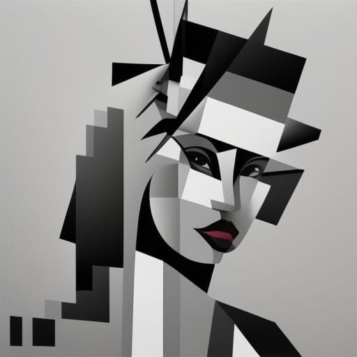 Beautiful Woman in Neo-Cubism Style Painting