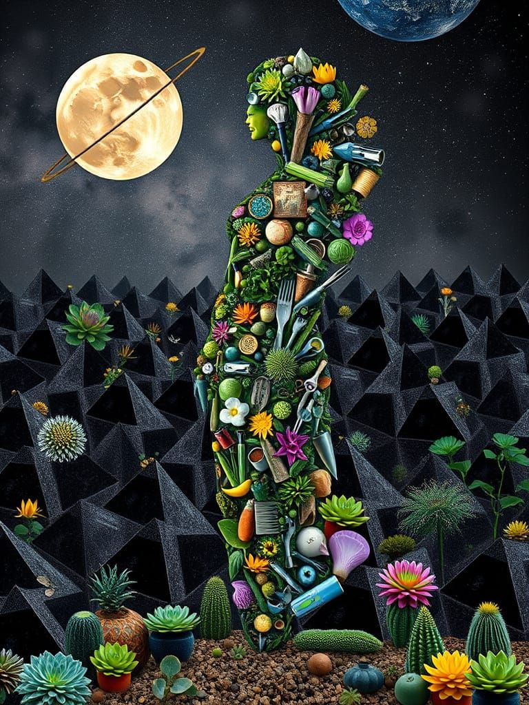 Vibrant Surreal Scene with Kitchen-Tool Woman Amidst Black a...