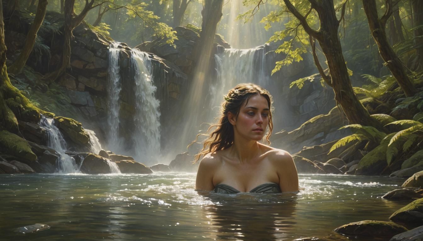 Bathing Nude Under Waterfall, Oil Painting