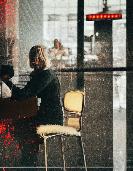 Gritty Neo-Noir Woman Seated on a Sleek Chair