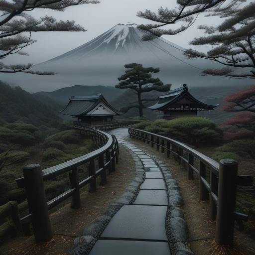 Traveler on Rainy Path to Mt. Fuji
