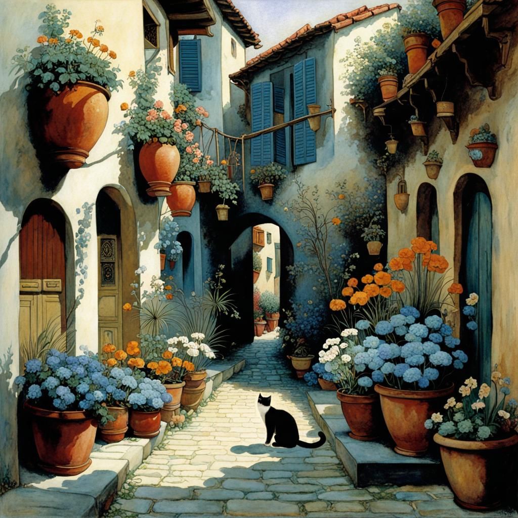 Mediterranean Alley with Flowers and Sleeping Cat