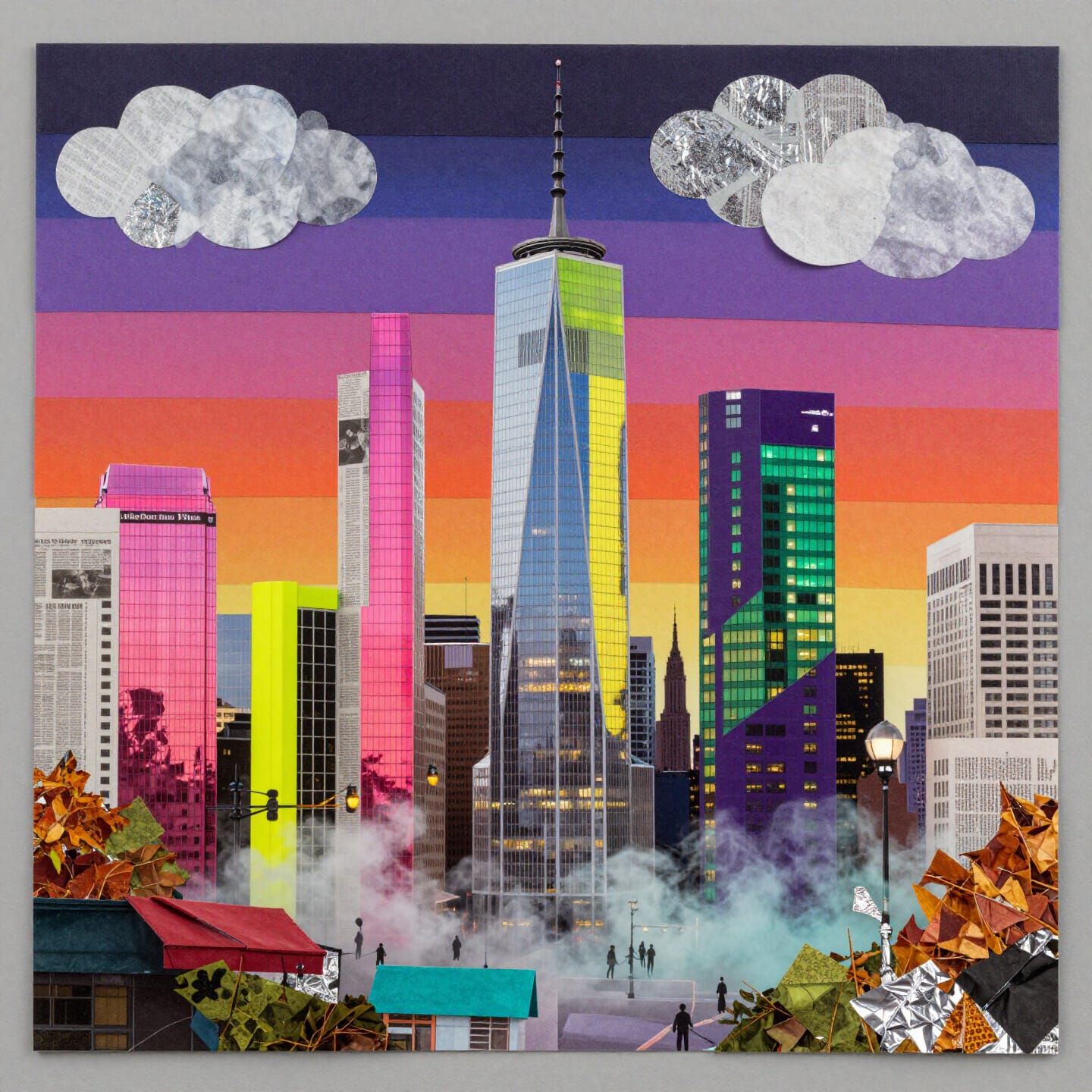 Collage Artwork of a Metropolitan Skyline at Dusk