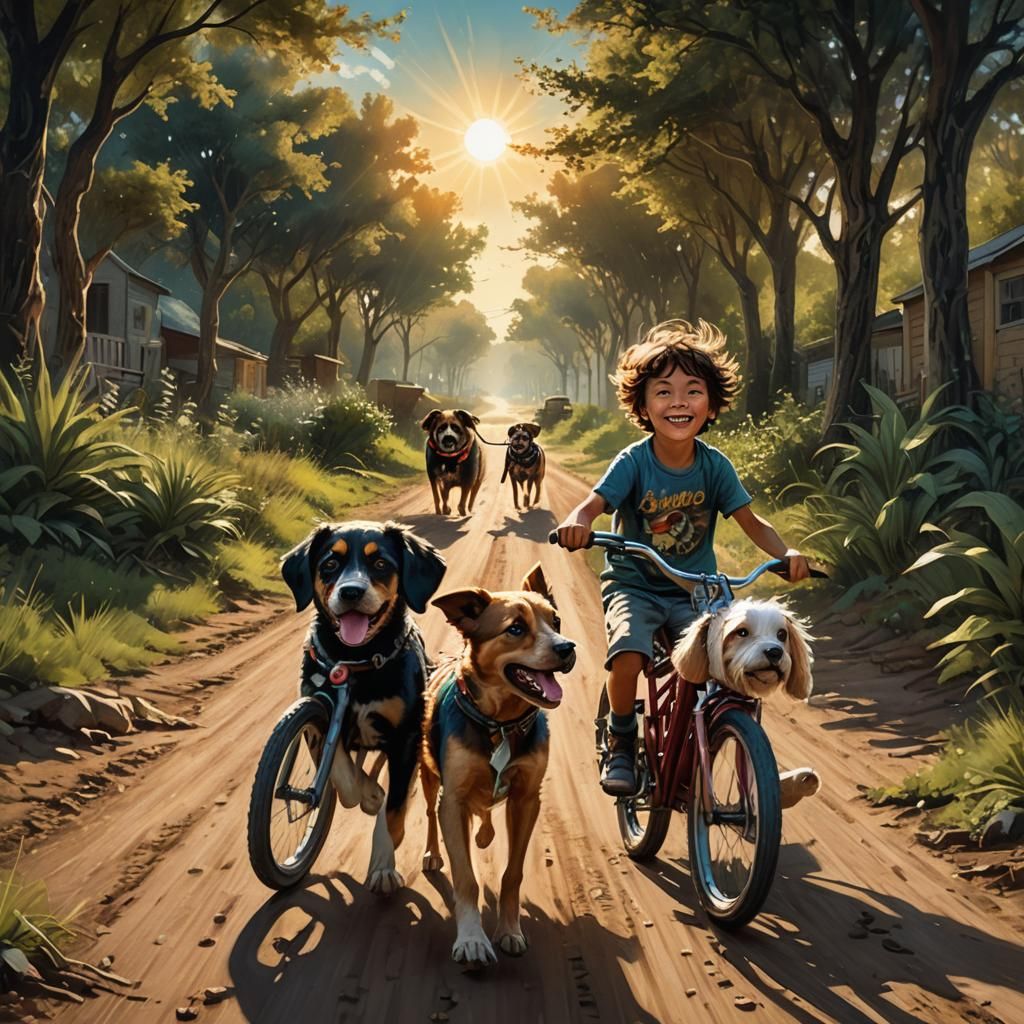 Child Cycling with Dogs: Vibrant Matte Painting