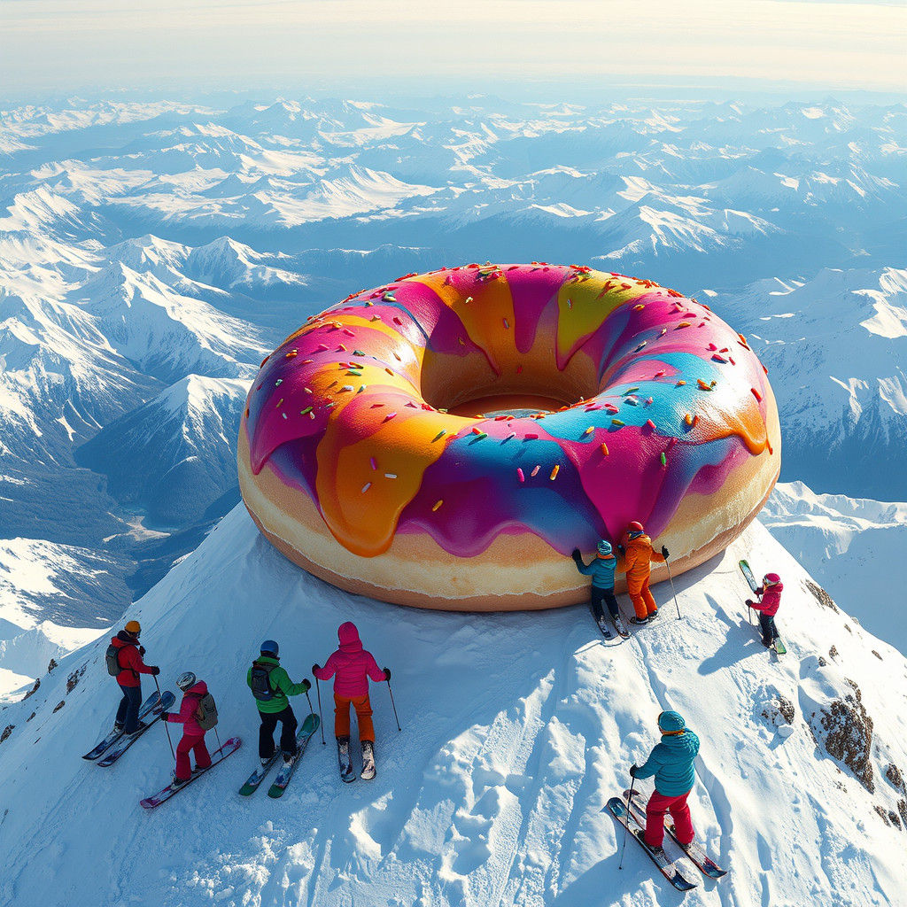 Colossal Doughnut on Snowy Peak in Pop Art Style
