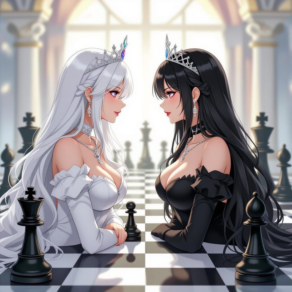 Two Queens Face Off on Giant Chessboard in Anime Style