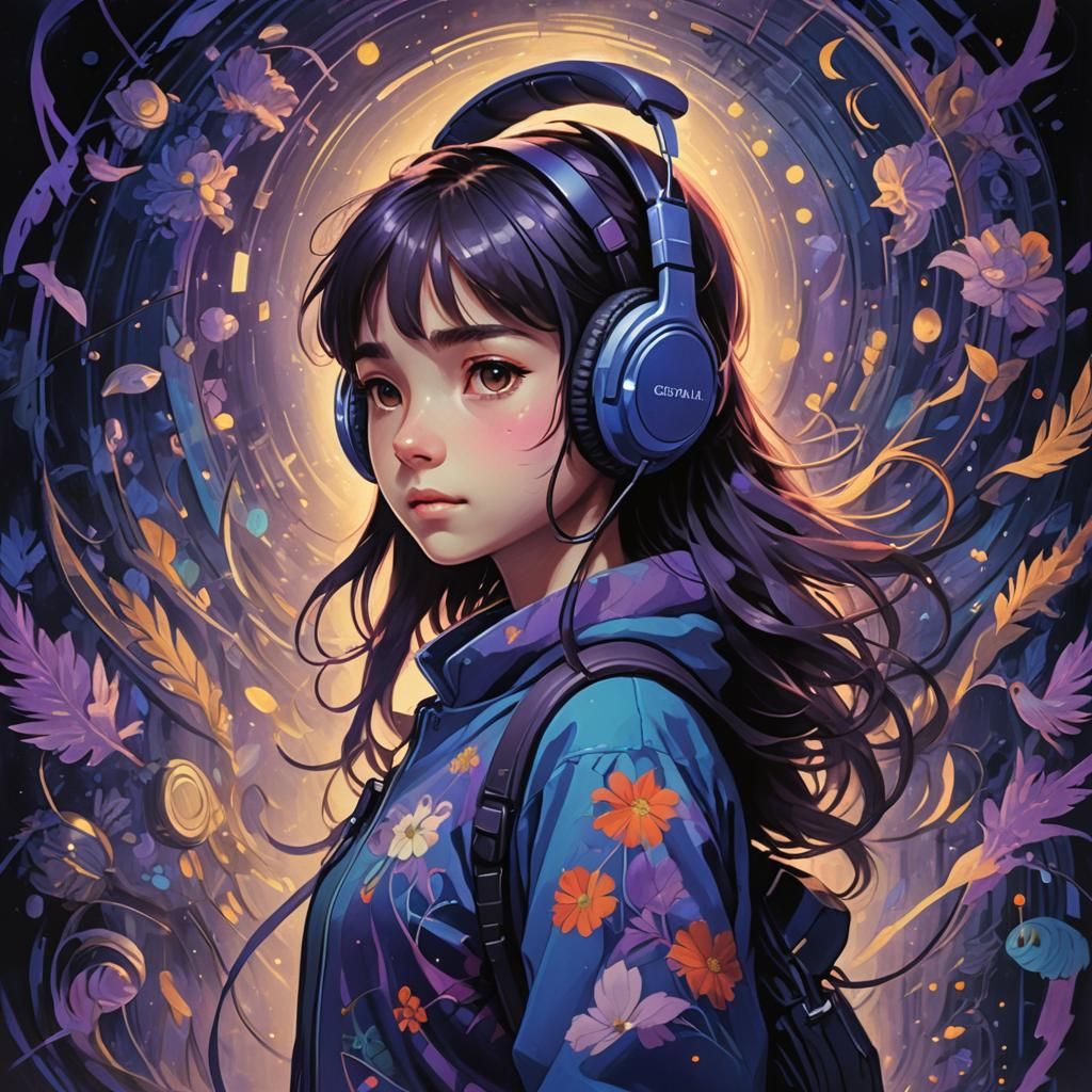Ghibli-Inspired Girl in Darkness with Headphones