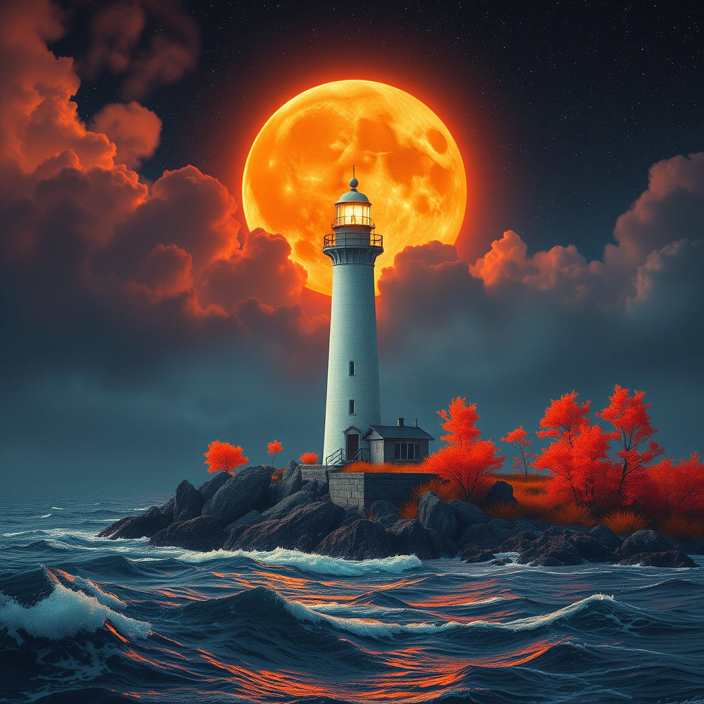 Lighthouse Under Fiery Moon in Surreal Landscape
