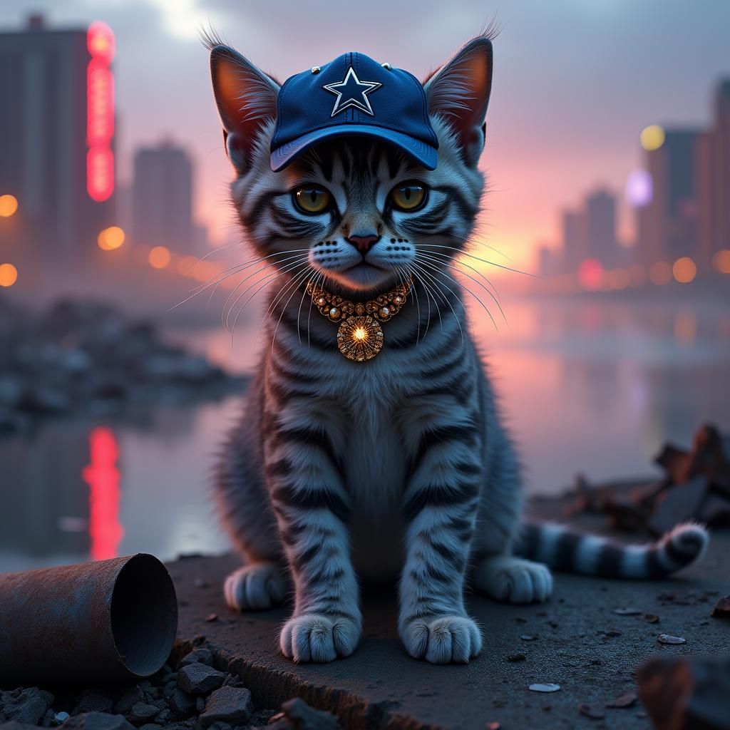 Cyberpunk Kitten Oversees Lakeside at Dusk