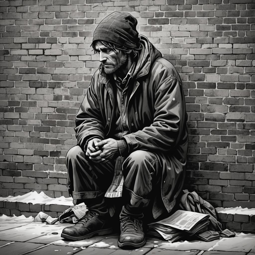 Homeless Person Begging in Winter, Comic Book Art