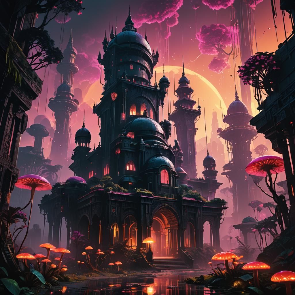 Futuristic Moorish Palace in Radioactive Jungle, Cyberpunk A...