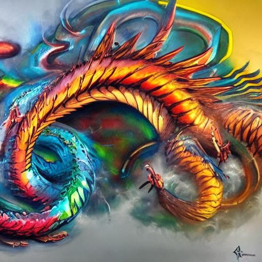 Dragon Centipede: Graffiti Street Art in Polychromatic Color...