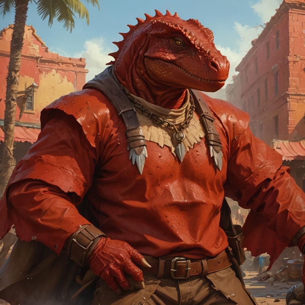 Red Saurian Cowboy in Hyperrealistic Digital Art