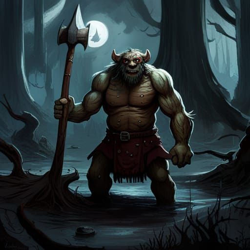 Dark Fantasy War Troll in Gloomy Swamp