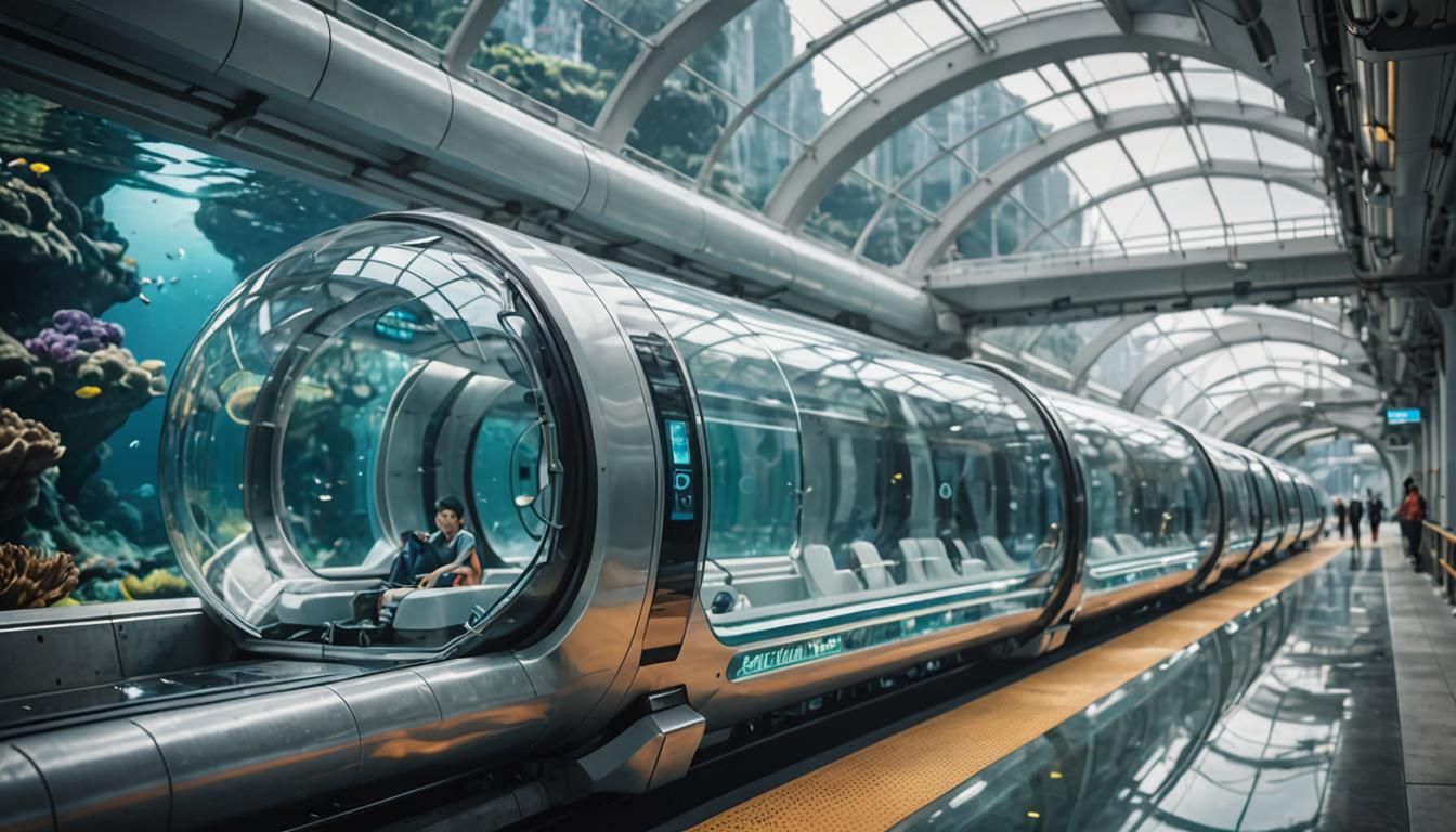 Futuristic Undersea Maglev Trains in Transparent Tubes
